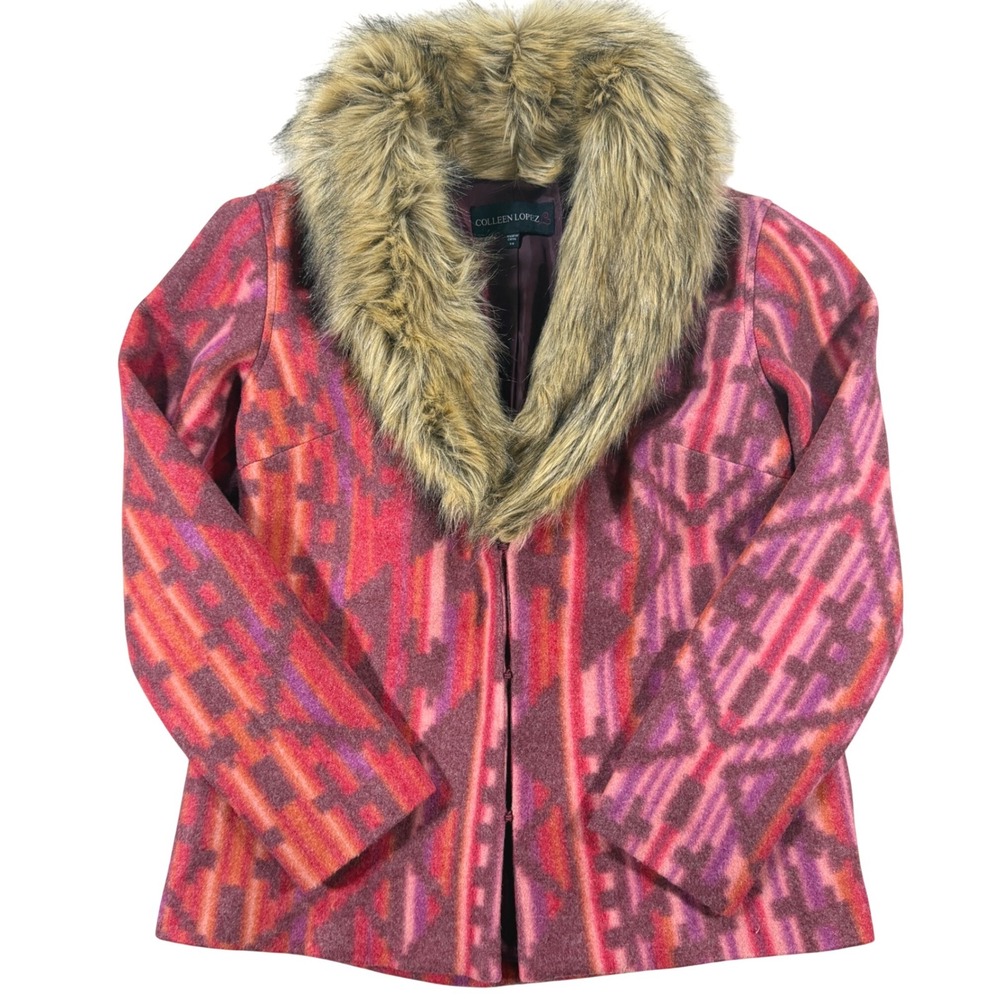 Faux Fur Southwest Jacket Colleen Lopez Women XS Red Aztec Western Tribal Chalet
